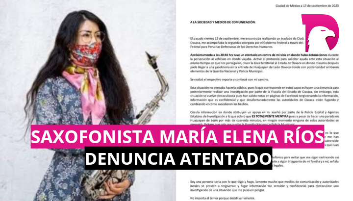  Saxofonista María Elena Ríos denuncia atentado