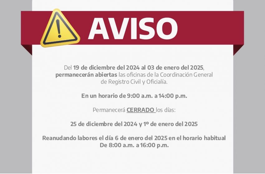  Oficinas de Registro Civil laborarán en horario especial en periodo vacacional