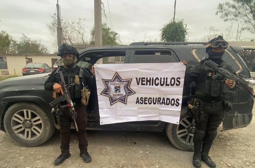  Guardia Estatal asegura vehículos con blindaje artesanal y armas en Nuevo Progreso